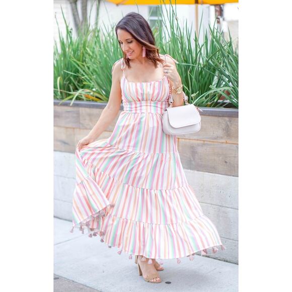 Chicwish Rainbow Candies Striped Maxi Dress Medium Tassle Boho Summer Pastel - Picture 1 of 6
